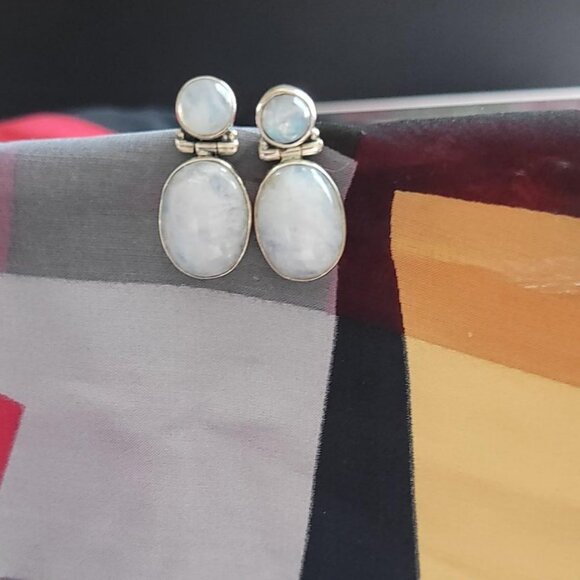 Rainbow Moonstone Double Drop Earrings in Sterling Silver - Picture 1 of 2